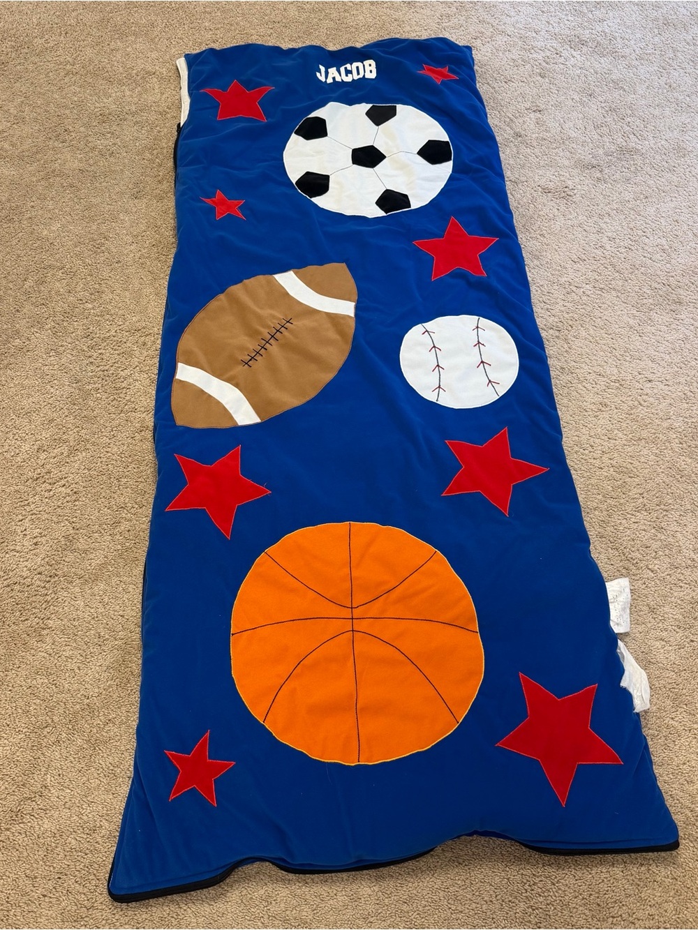 Blue Sports-Themed Sleeping Bag with Name "Jacob"